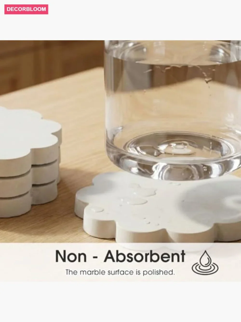 6 Piece Natural Marble Coaster Set - Scalloped Square Stone Drink Coasters